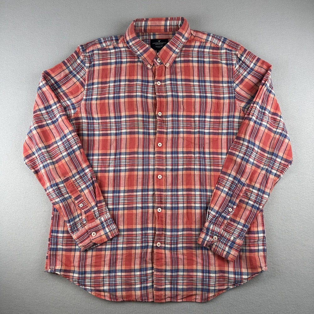 American Eagle Button Down Shirt Mens XL Red Blue Plaid Linen Cotton Classic Fit